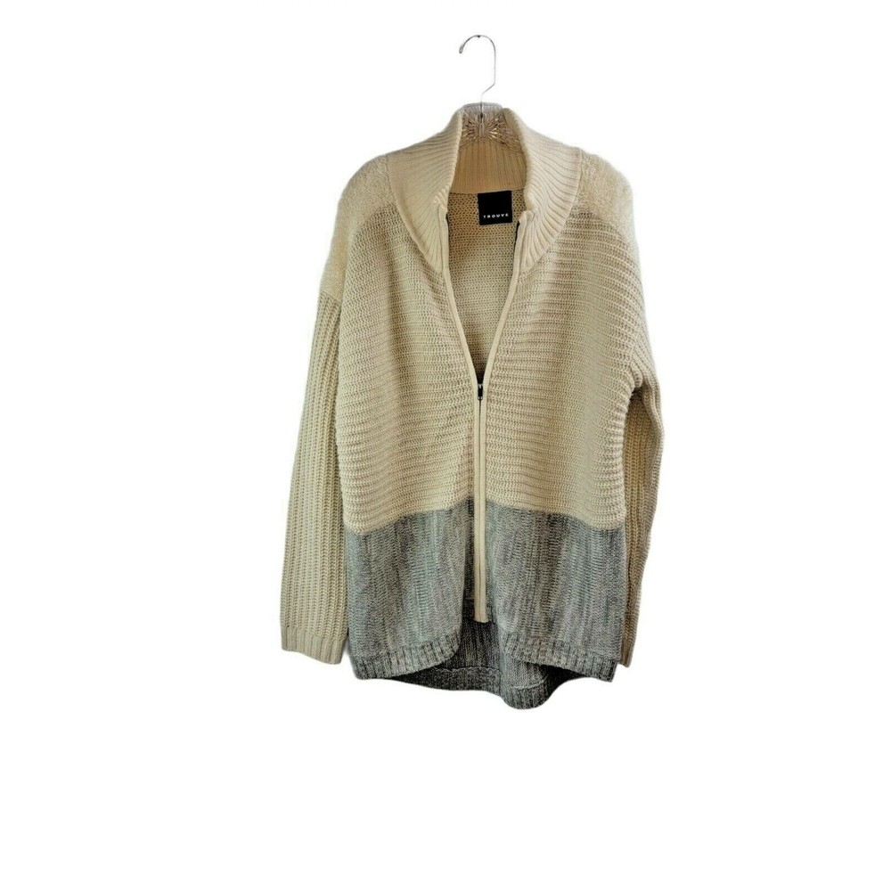 Trouve cardigan CREAM‎ GRAY xl PATCH WORK Zip Front